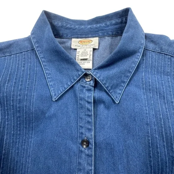 Talbots Chambray Pintuck Button Down Shirt Womens Petite 2X Blue Denim Plus Size - Picture 3 of 12